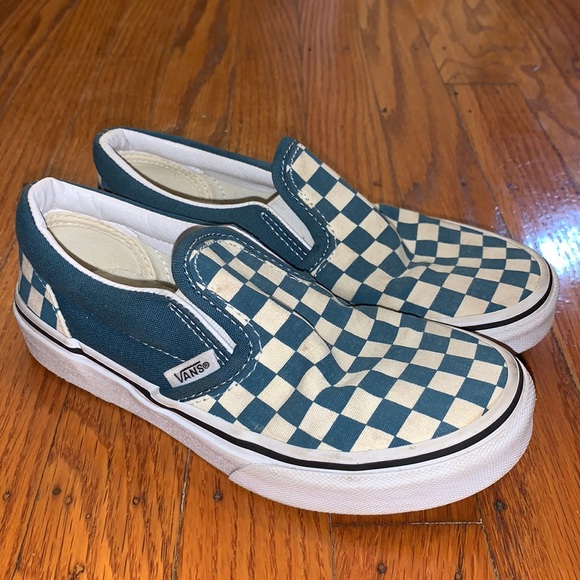 Vans Shoes Vans Teal And White Checkered Slip On Sneakers Kids Size